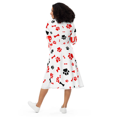 PUPPY LOVE All-over print long sleeve midi dress