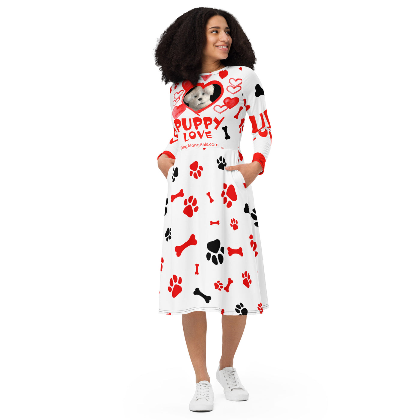 PUPPY LOVE All-over print long sleeve midi dress