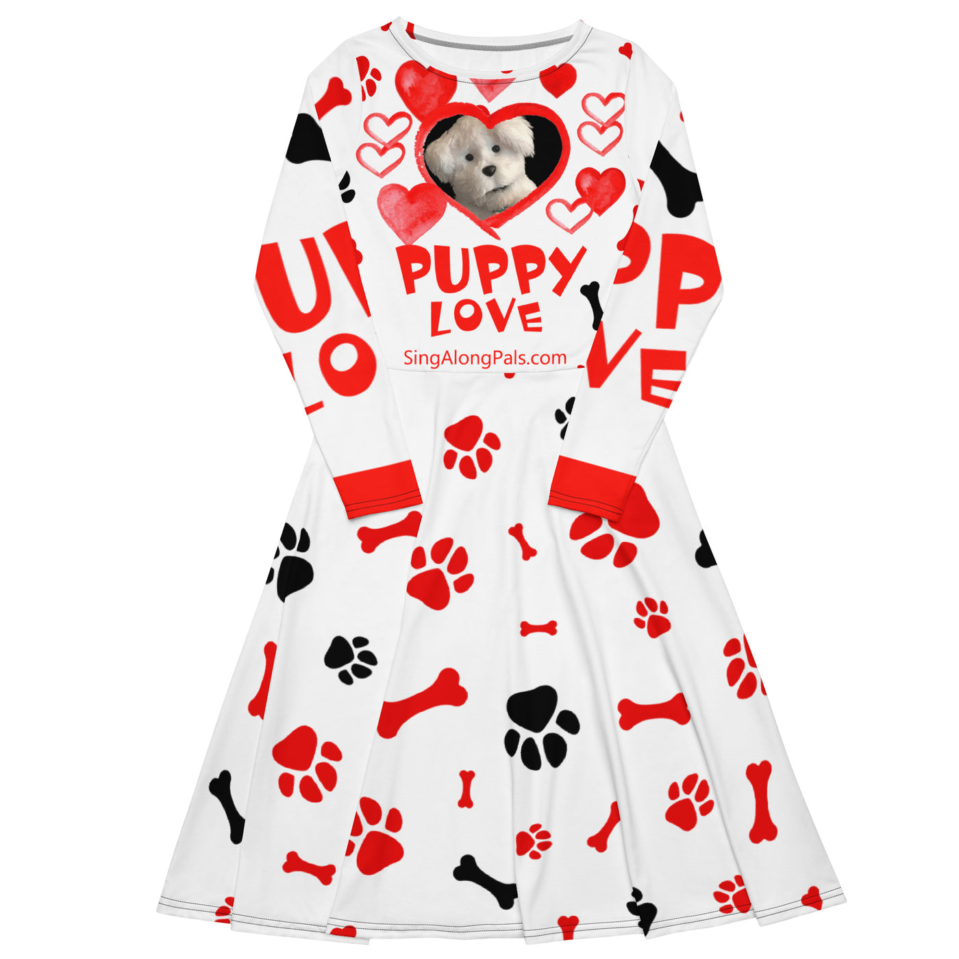 PUPPY LOVE All-over print long sleeve midi dress