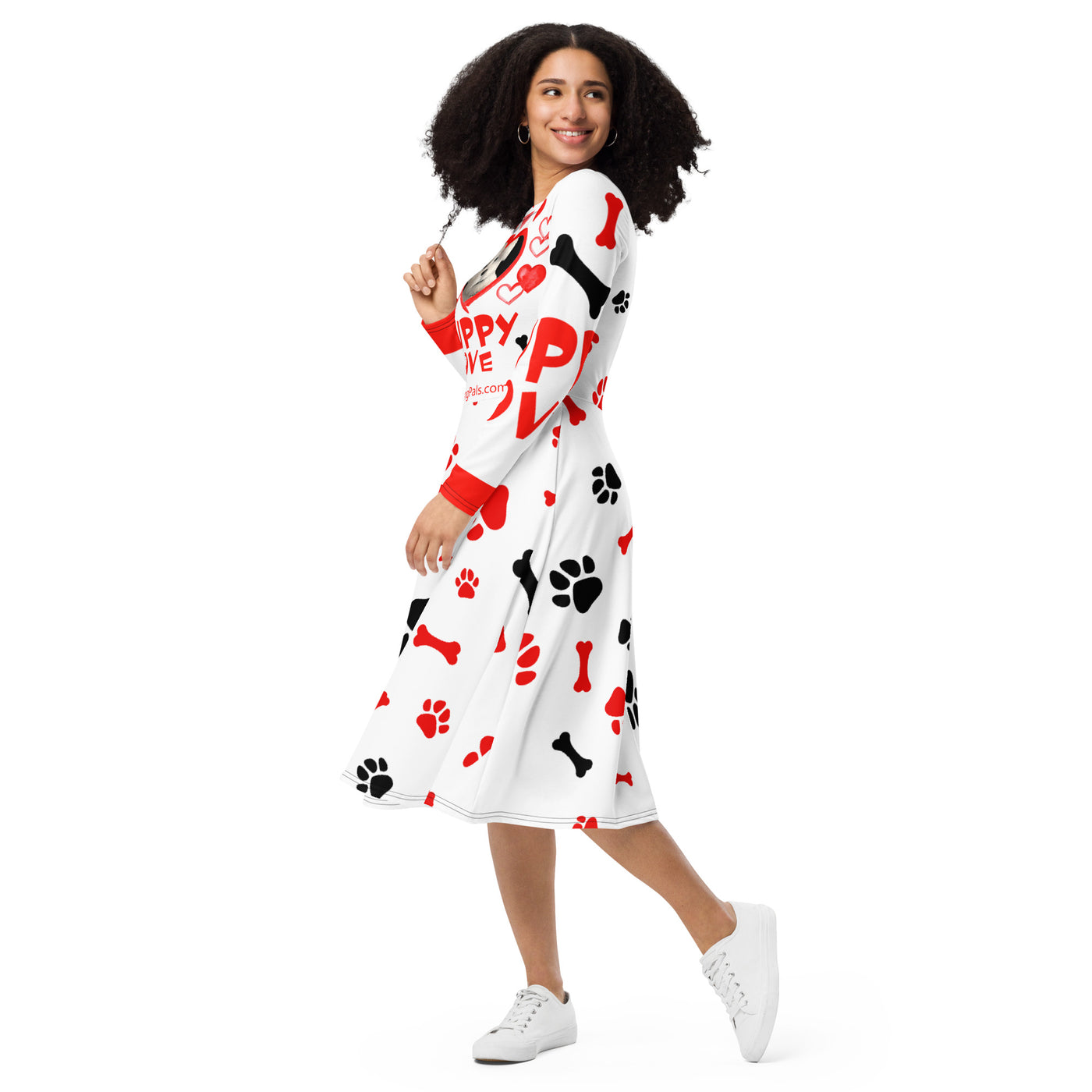 PUPPY LOVE All-over print long sleeve midi dress