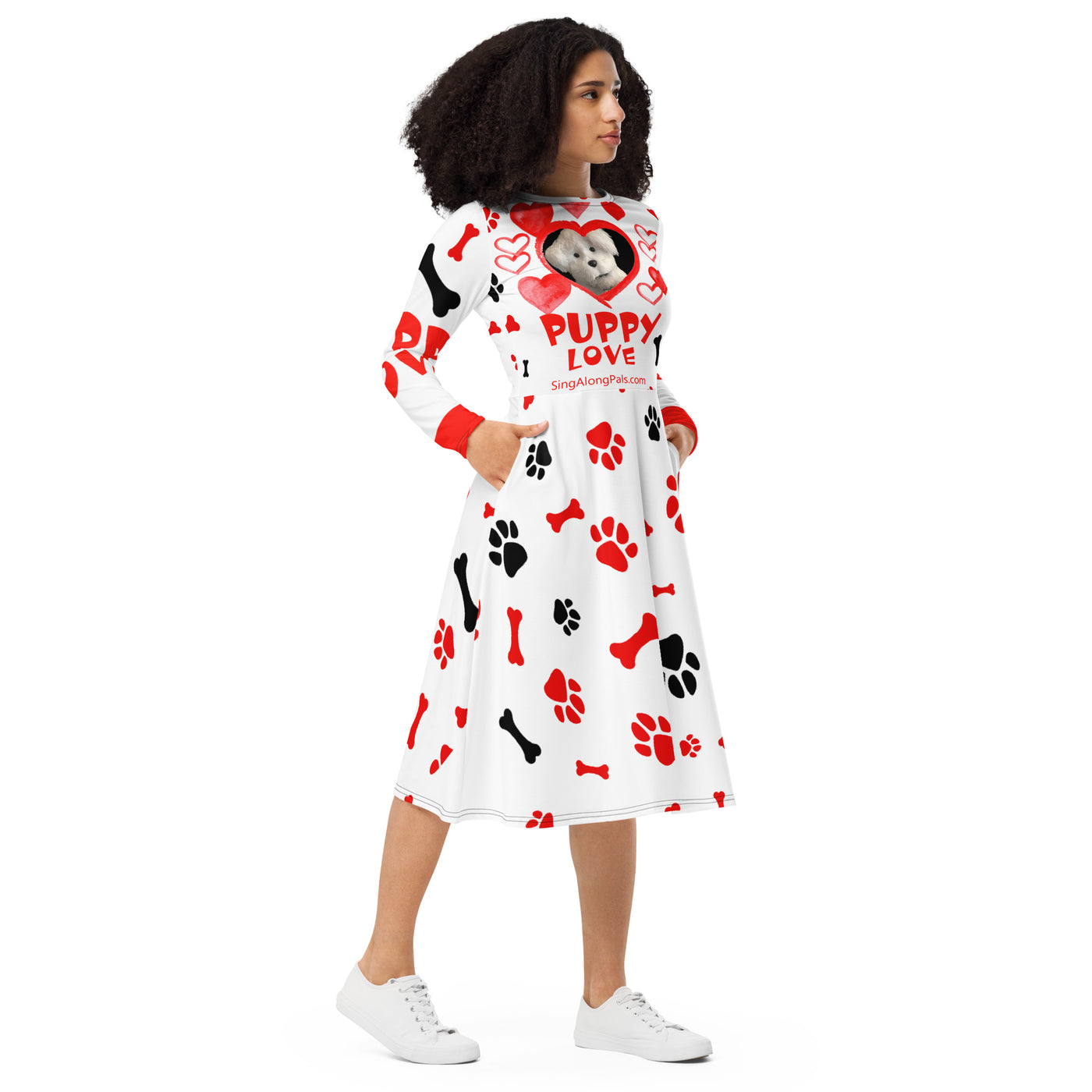 PUPPY LOVE All-over print long sleeve midi dress